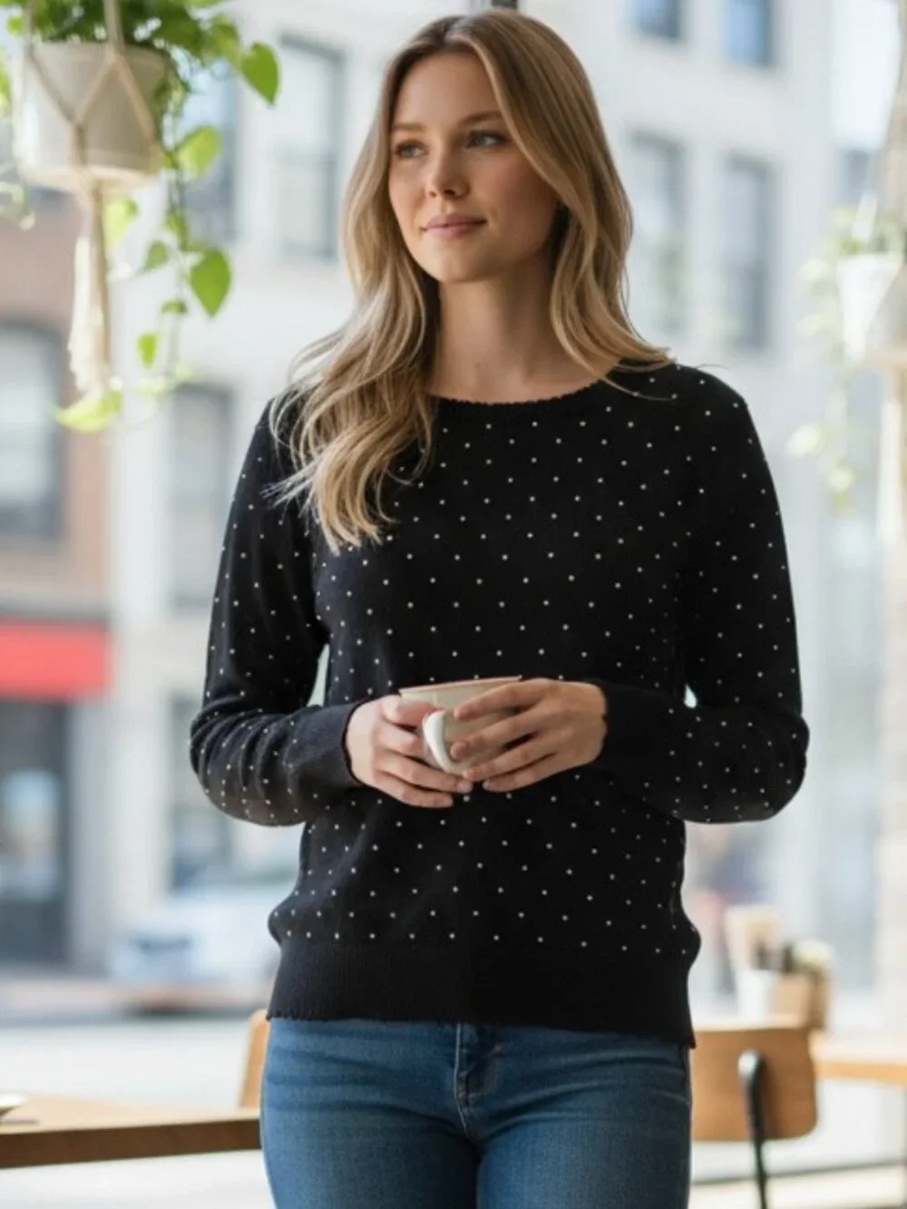 NEW MinnieRose Cashmere Sweater Frayed Edge Crew Black Silver Tone Beads Med